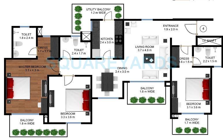 Floor plan of 3 BHK 1821 Sq. Ft. Apartment in Godrej Frontier, Gurgaon