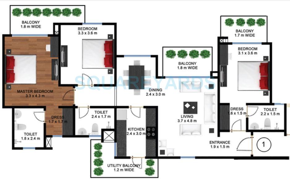 Floor plan of 3 BHK 1928 Sq. Ft. Apartment in Godrej Frontier, Gurgaon
