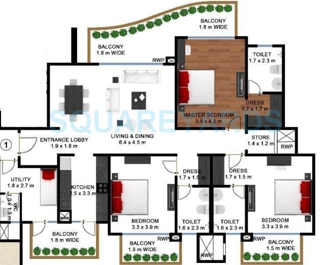 Floor plan of 3 BHK 2263 Sq. Ft. Apartment in Godrej Frontier, Gurgaon