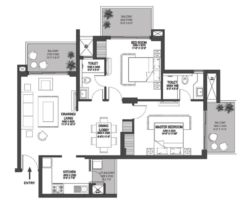 Floor plan of 2 BHK 1366 Sq. Ft. Apartment in Godrej Meridien, Gurgaon