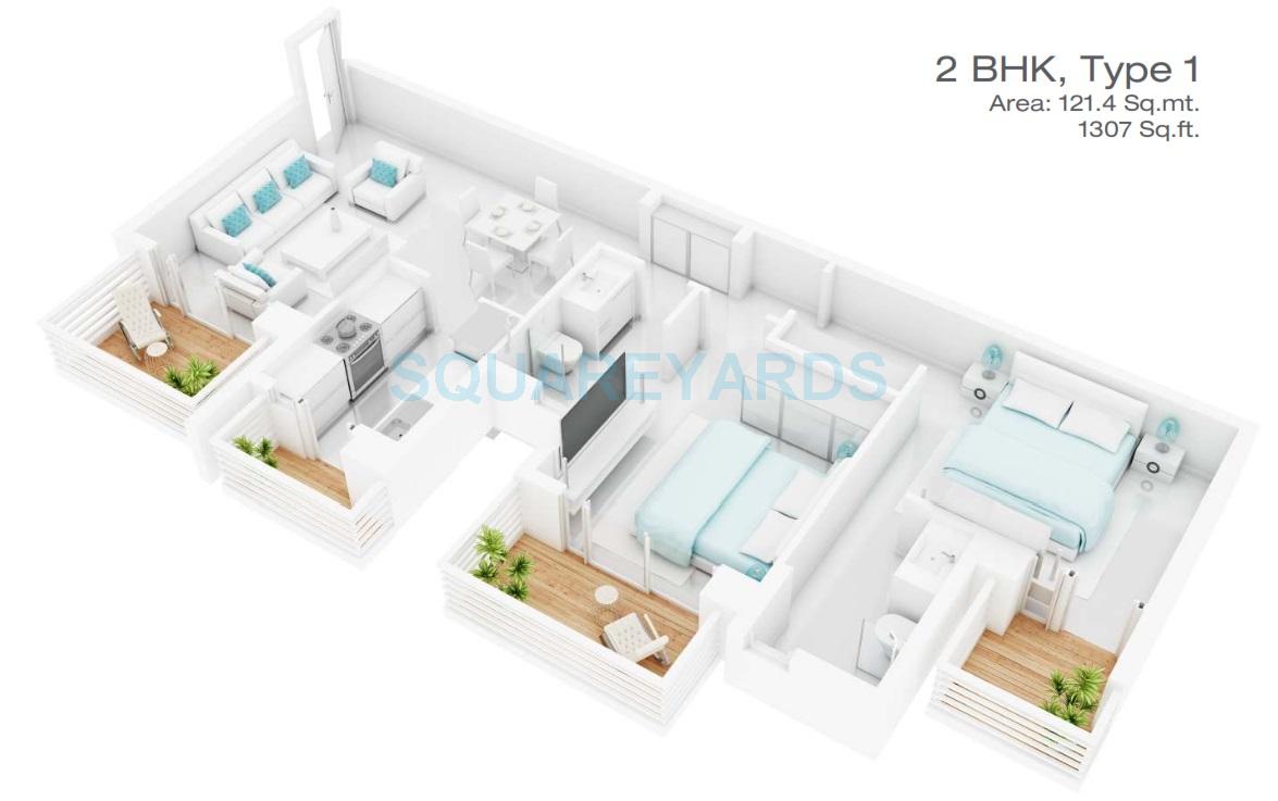 Floor plan of 2 BHK 1307 Sq. Ft. Apartment in Godrej Oasis, Gurgaon