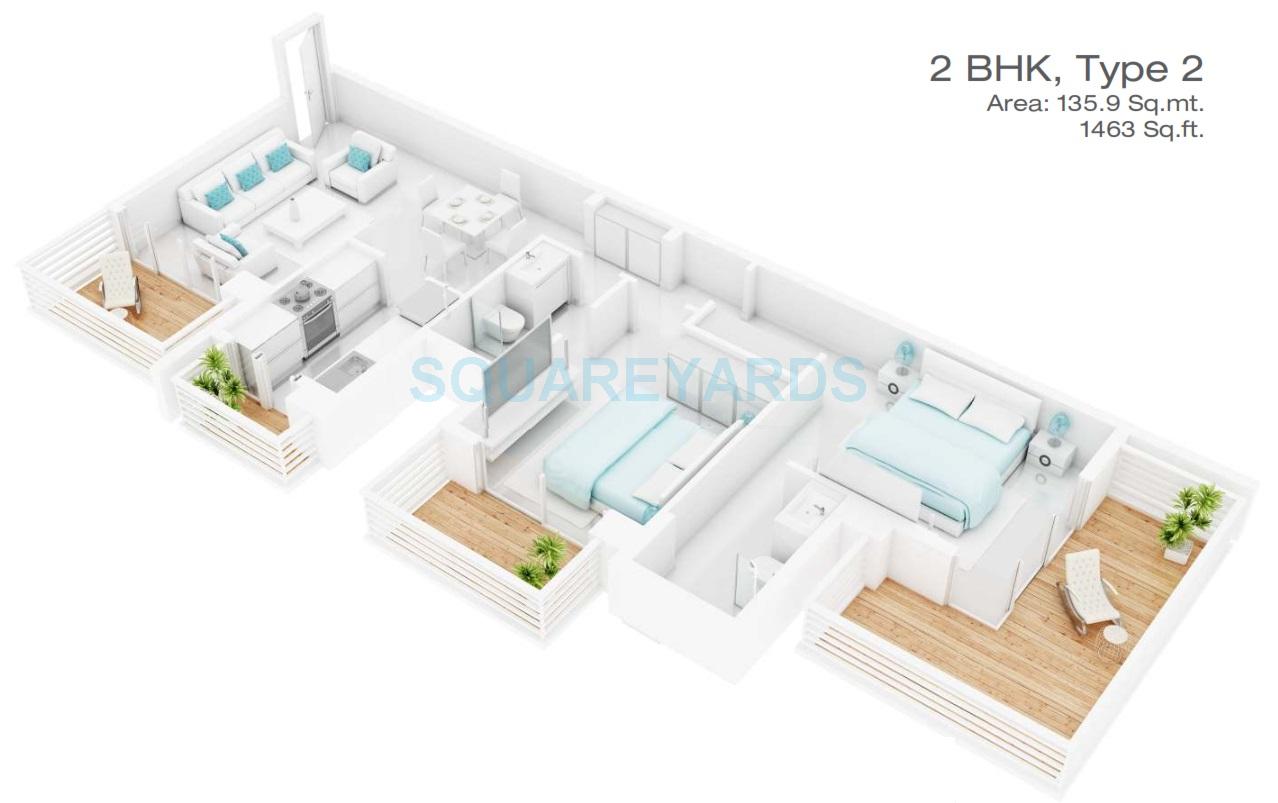 Floor plan of 2 BHK 1463 Sq. Ft. Apartment in Godrej Oasis, Gurgaon