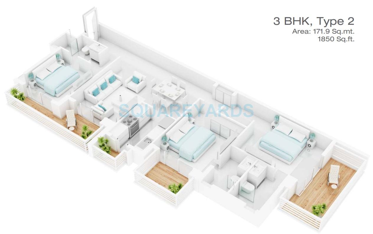 Floor plan of 3 BHK 1850 Sq. Ft. Apartment in Godrej Oasis, Gurgaon