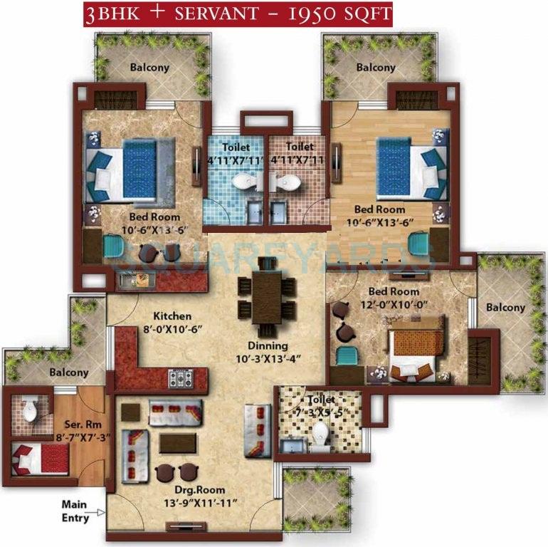 3 BHK 1950 Sq. Ft. Apartment