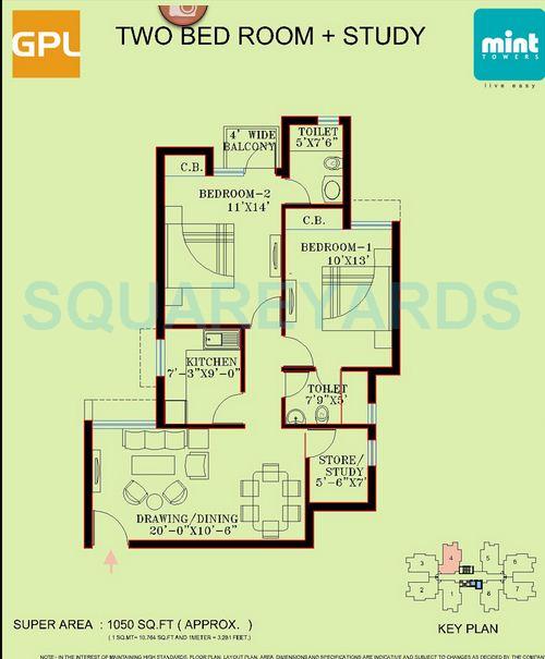 Floor plan of 2 BHK 1050 Sq. Ft. Apartment in GPL Mint Tower, Gurgaon