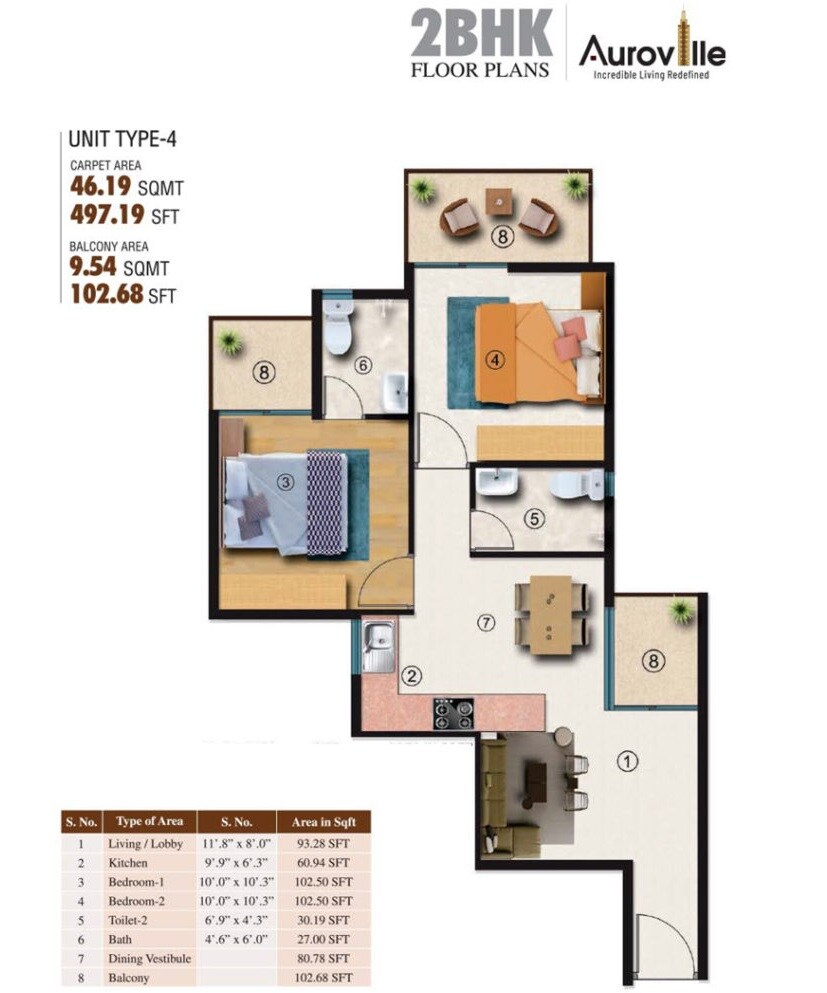 Floor plan of 2 BHK 600 Sq. Ft. Apartment in HCBS Auroville, Gurgaon