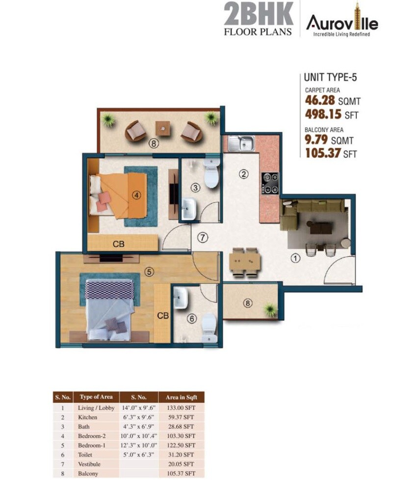 Floor plan of 2 BHK 603 Sq. Ft. Apartment in HCBS Auroville, Gurgaon