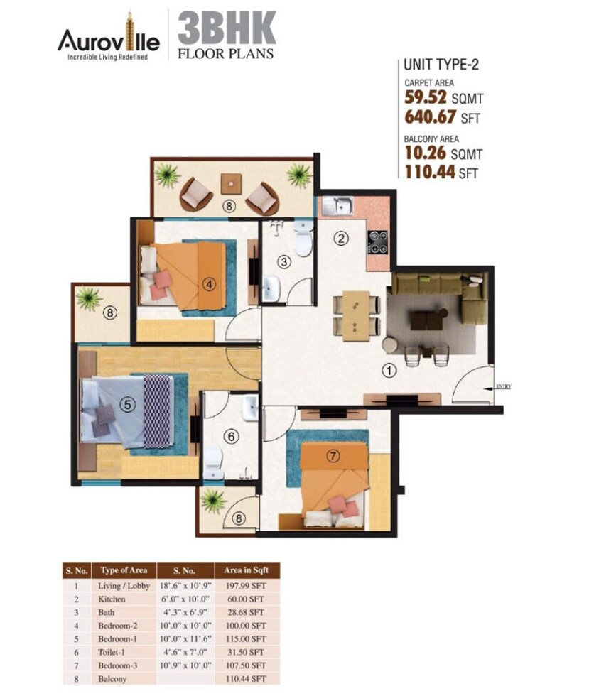 Floor plan of 3 BHK 751 Sq. Ft. Apartment in HCBS Auroville, Gurgaon