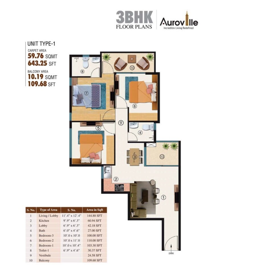 Floor plan of 3 BHK 753 Sq. Ft. Apartment in HCBS Auroville, Gurgaon
