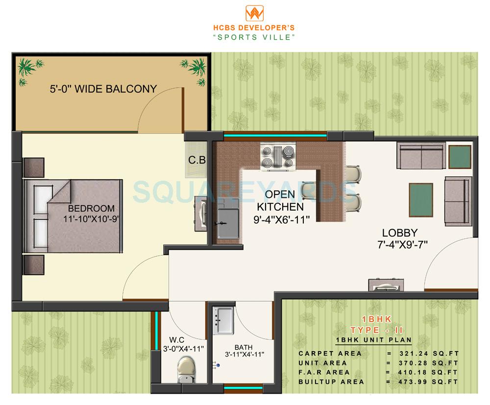 Floor plan of 1 BHK 474 Sq. Ft. Apartment in HCBS Sports Ville, Gurgaon
