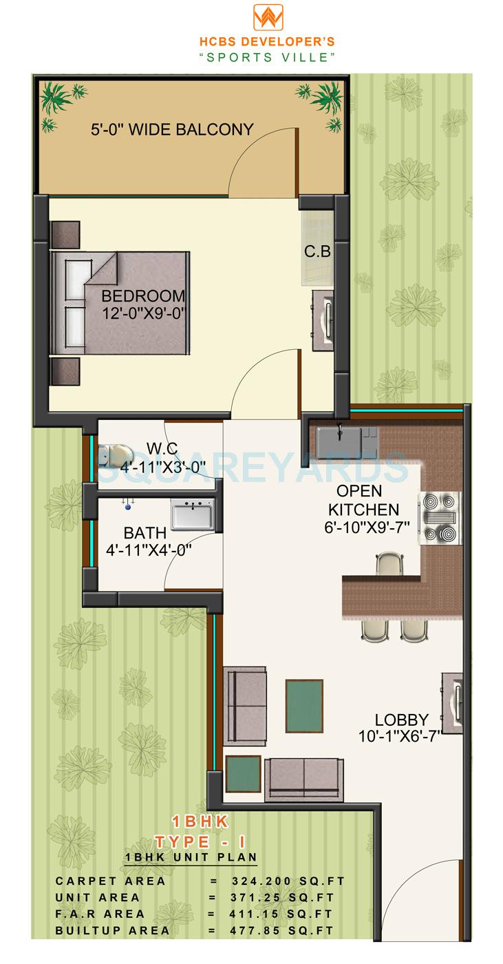 Floor plan of 1 BHK 478 Sq. Ft. Apartment in HCBS Sports Ville, Gurgaon