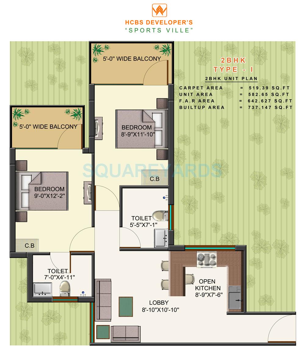 Floor plan of 2 BHK 737 Sq. Ft. Apartment in HCBS Sports Ville, Gurgaon