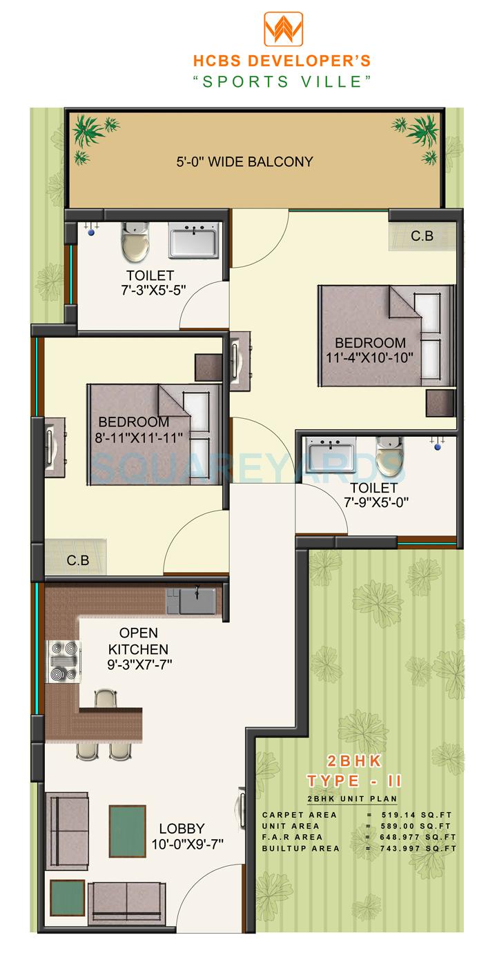 Floor plan of 2 BHK 744 Sq. Ft. Apartment in HCBS Sports Ville, Gurgaon