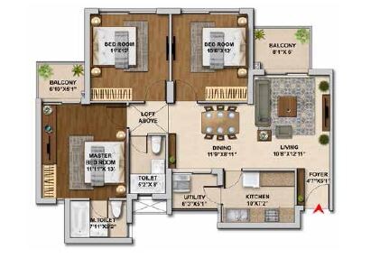 Floor plan of 3 BHK 1359 Sq. Ft. Apartment in Hero Homes Phase 2, Gurgaon