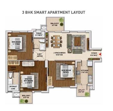 Floor plan of 3 BHK 1389 Sq. Ft. Apartment in Hero Homes Phase 2, Gurgaon