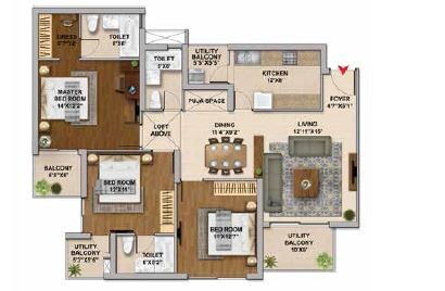 Floor plan of 3 BHK 1689 Sq. Ft. Apartment in Hero Homes Phase 2, Gurgaon