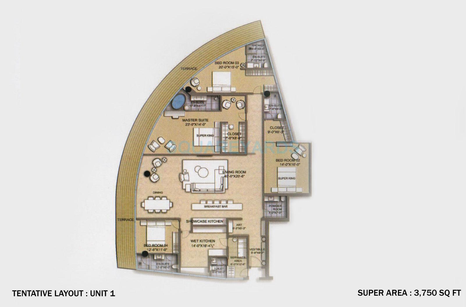 Floor plan of 4 BHK 3750 Sq. Ft. Apartment in Homestead Michael Schumacher World Tower, Gurgaon