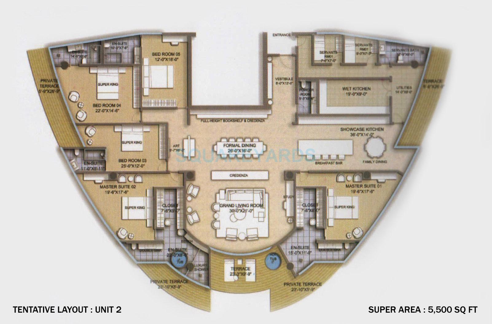 Floor plan of 5 BHK 5500 Sq. Ft. Apartment in Homestead Michael Schumacher World Tower, Gurgaon