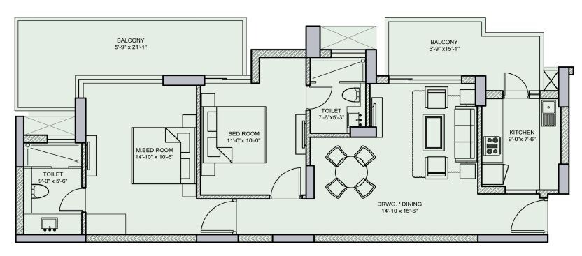 Floor plan of 2 BHK 1365 Sq. Ft. Apartment in ILD Greens, Gurgaon