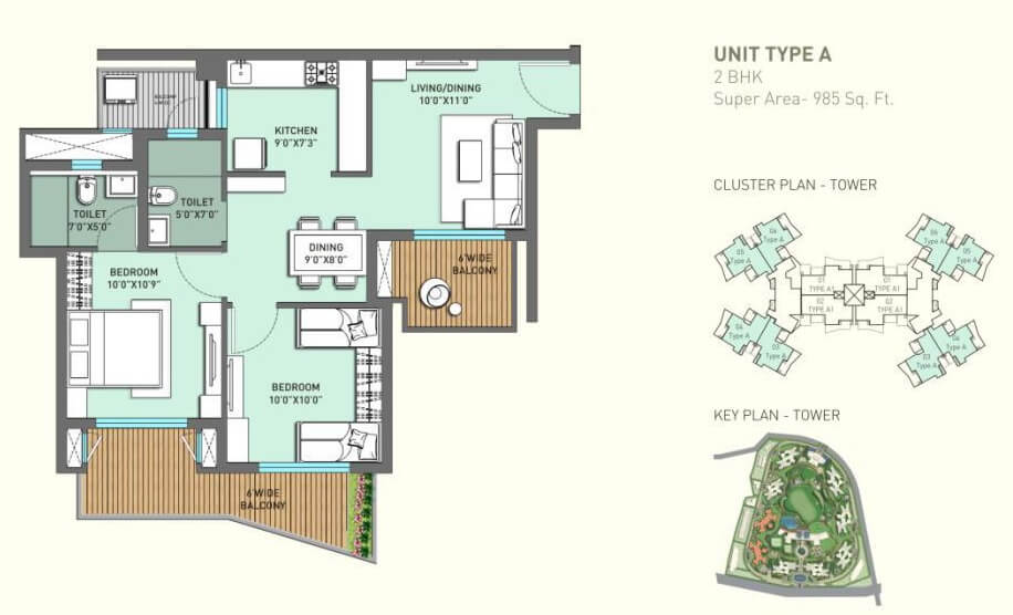 Floor plan of 2 BHK 985 Sq. Ft. Apartment in ILD GSR Drive, Gurgaon