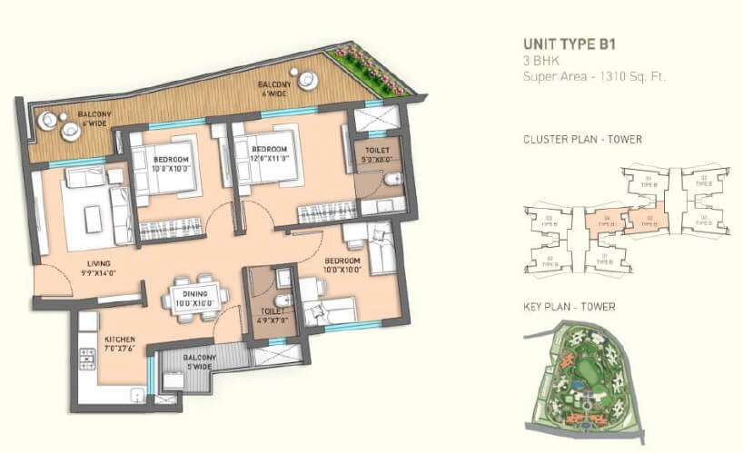 Floor plan of 3 BHK 1310 Sq. Ft. Apartment in ILD GSR Drive, Gurgaon