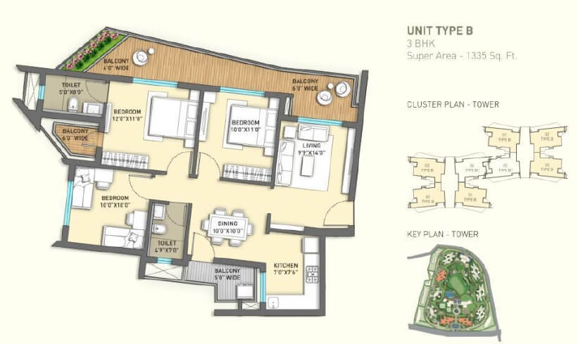 Floor plan of 3 BHK 1335 Sq. Ft. Apartment in ILD GSR Drive, Gurgaon