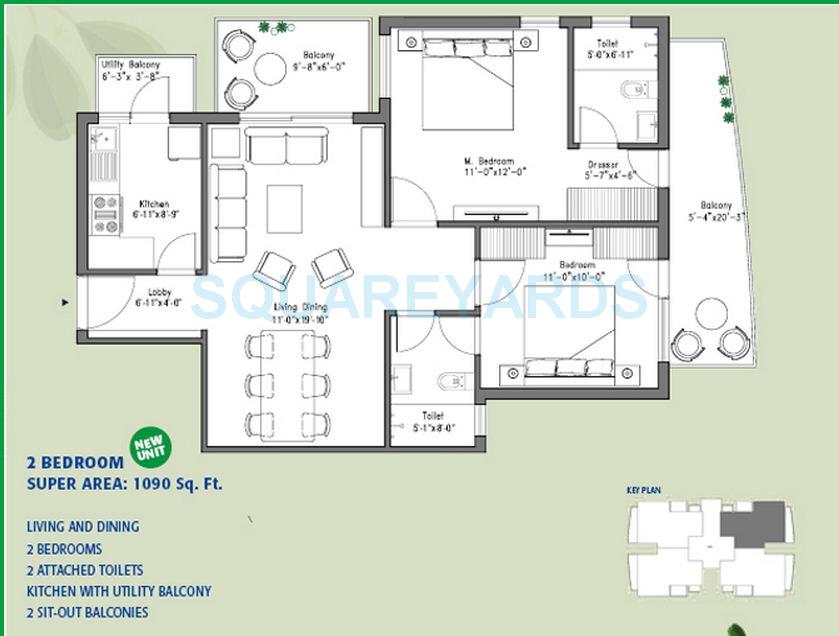 Floor plan of 2 BHK 1090 Sq. Ft. Apartment in ILD Greens, Gurgaon