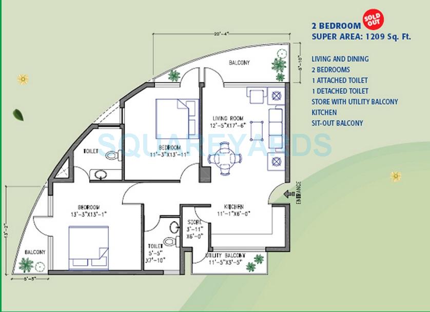 Floor plan of 2 BHK 1209 Sq. Ft. Apartment in ILD Greens, Gurgaon