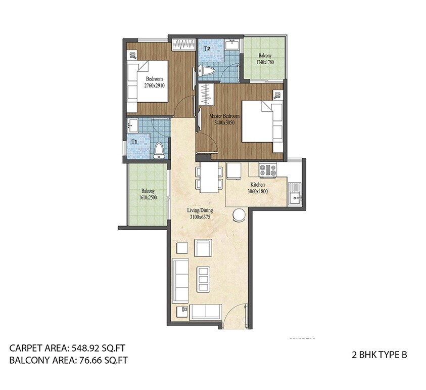 Floor plan of 2 BHK 626 Sq. Ft. Apartment in Imperia Aashiyara, Gurgaon