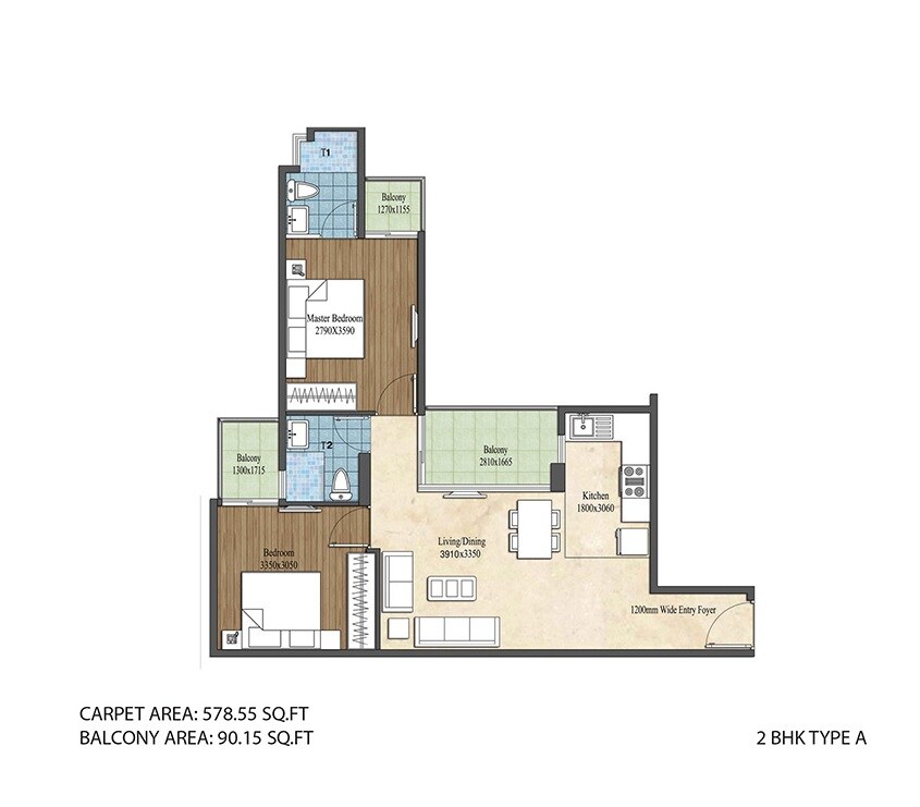 Floor plan of 2 BHK 669 Sq. Ft. Apartment in Imperia Aashiyara, Gurgaon