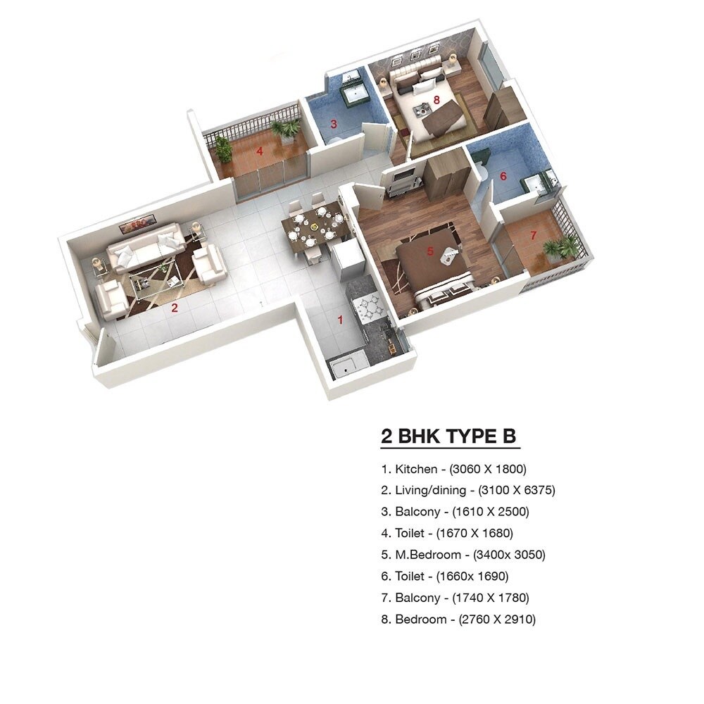 2 BHK 950 Sq. Ft. Apartment