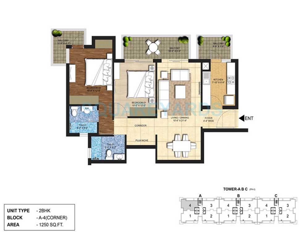 Floor plan of 2 BHK 1250 Sq. Ft. Apartment in Indiabulls Centrum Park, Gurgaon
