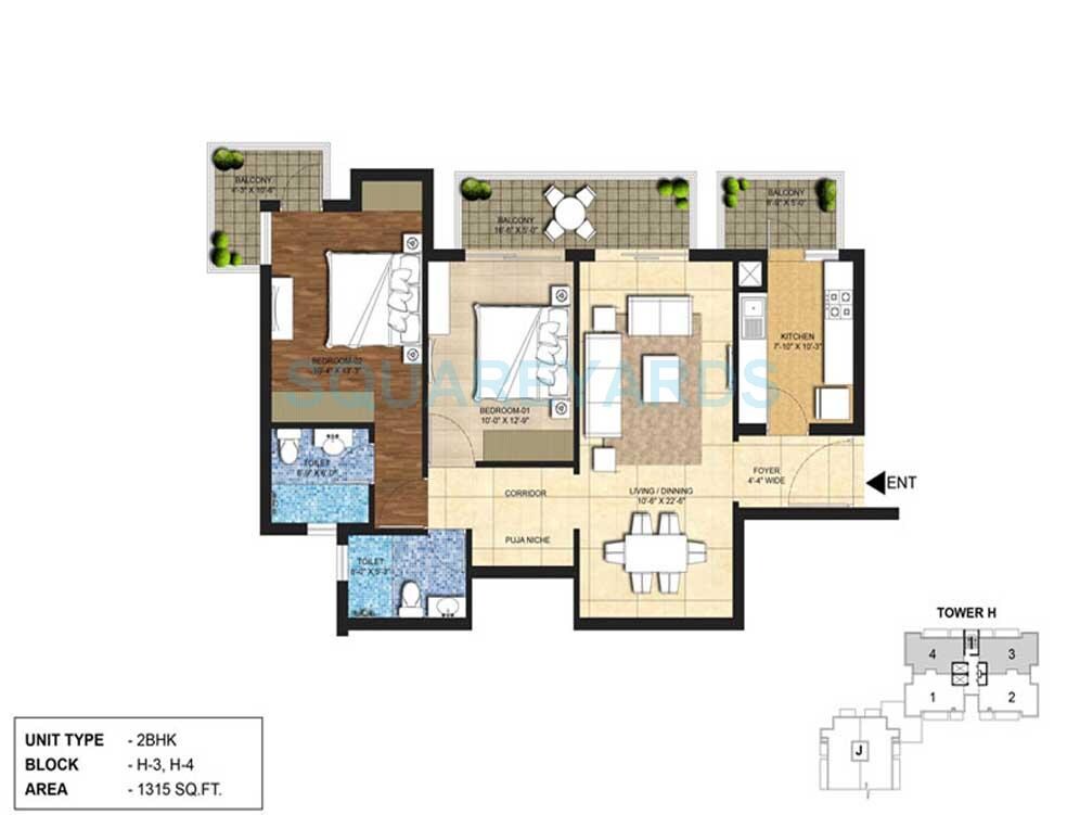 Floor plan of 2 BHK 1315 Sq. Ft. Apartment in Indiabulls Centrum Park, Gurgaon