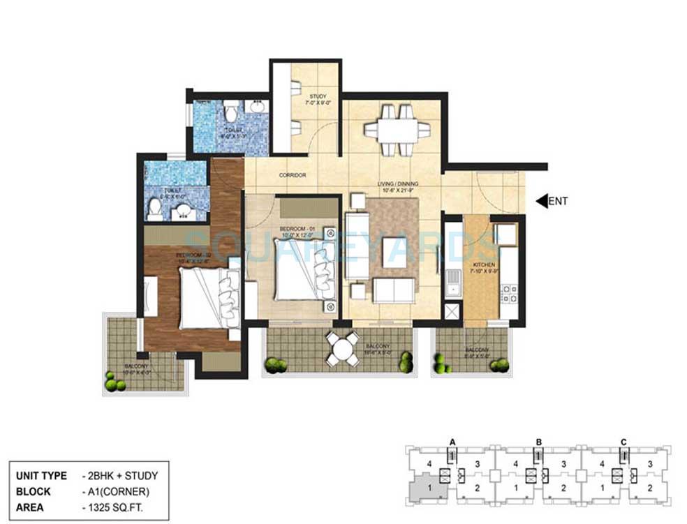 Floor plan of 2 BHK 1325 Sq. Ft. Apartment in Indiabulls Centrum Park, Gurgaon