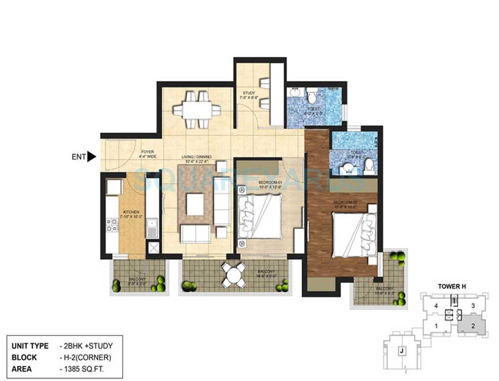 Floor plan of 2 BHK 1385 Sq. Ft. Apartment in Indiabulls Centrum Park, Gurgaon