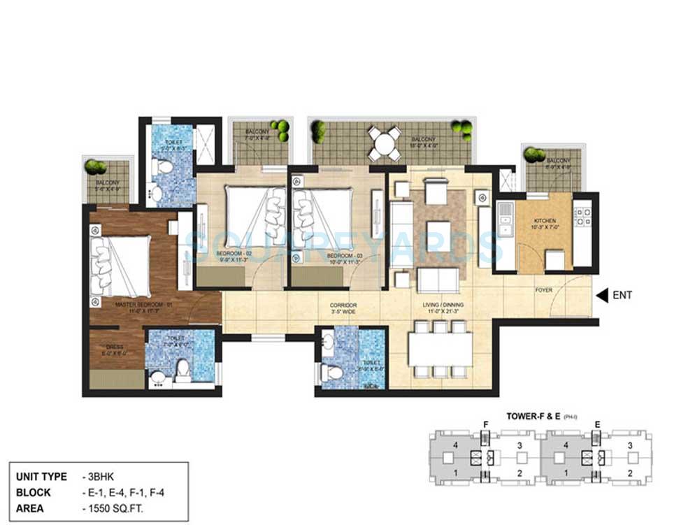 Floor plan of 3 BHK 1550 Sq. Ft. Apartment in Indiabulls Centrum Park, Gurgaon