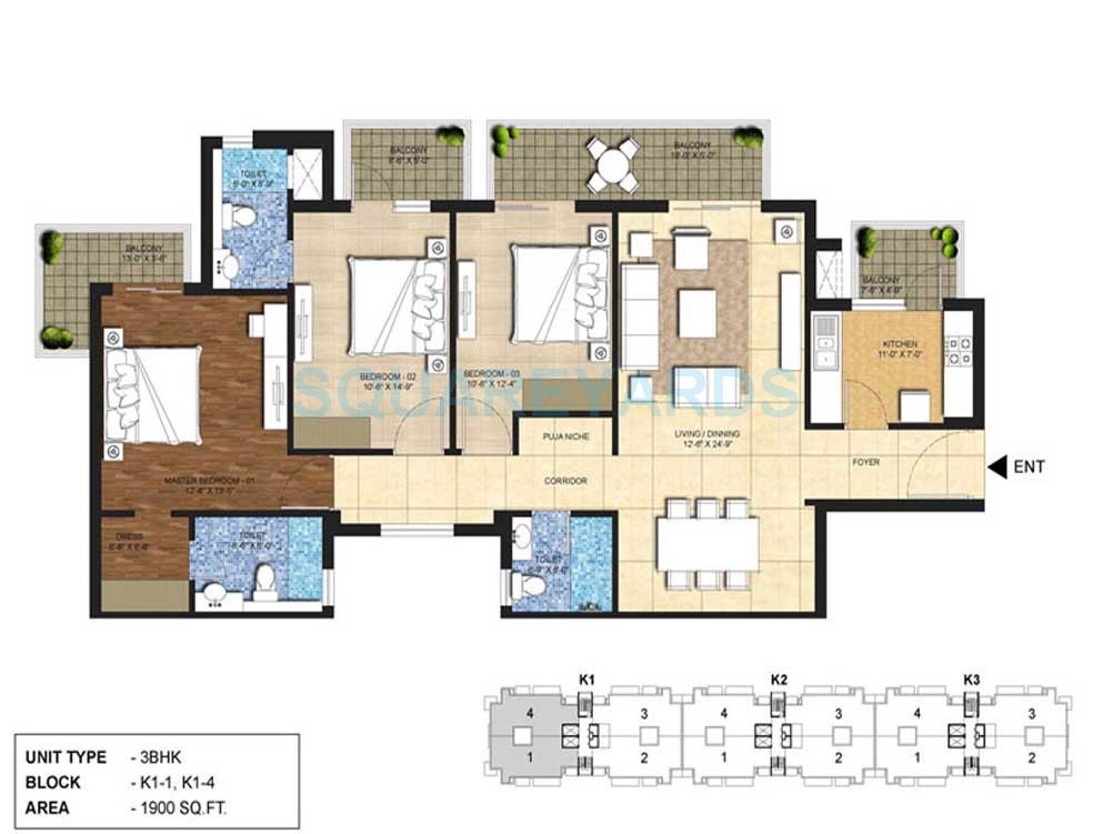 Floor plan of 3 BHK 1900 Sq. Ft. Apartment in Indiabulls Centrum Park, Gurgaon