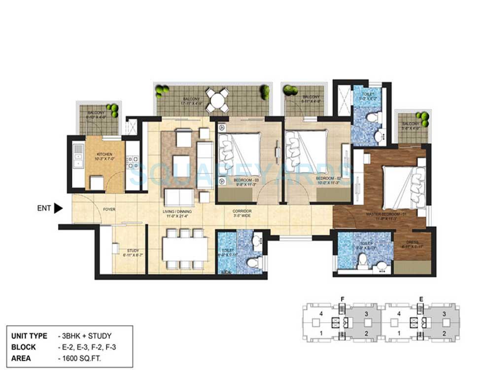 Floor plan of 3 BHK 1600 Sq. Ft. Apartment in Indiabulls Centrum Park, Gurgaon