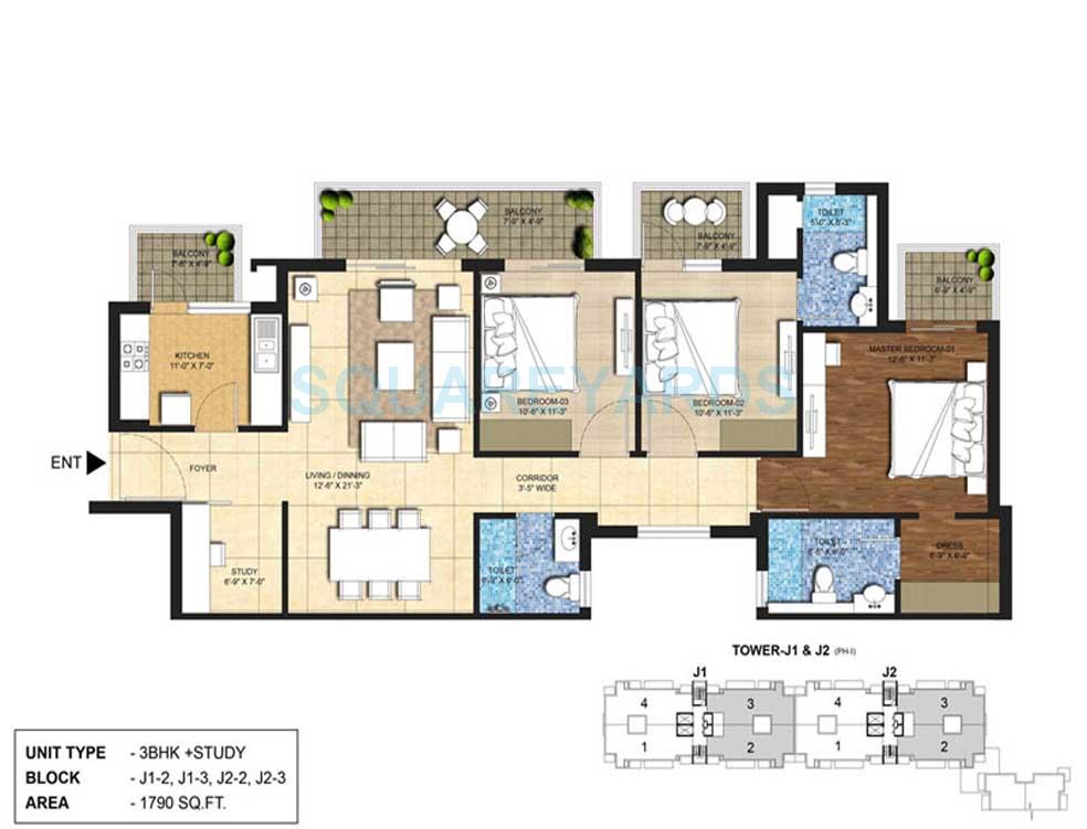 Floor plan of 3 BHK 1790 Sq. Ft. Apartment in Indiabulls Centrum Park, Gurgaon
