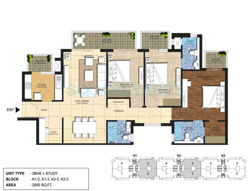 Floor plan of 3 BHK 2000 Sq. Ft. Apartment in Indiabulls Centrum Park, Gurgaon