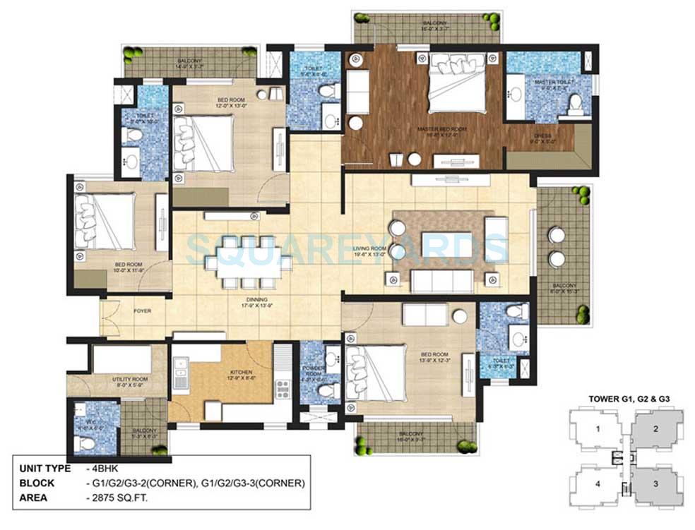 Floor plan of 4 BHK 2875 Sq. Ft. Apartment in Indiabulls Centrum Park, Gurgaon