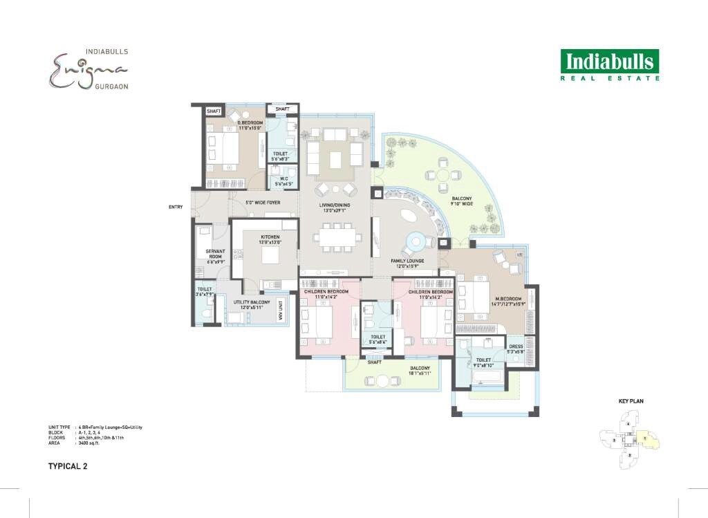 Floor plan of 4 BHK 3400 Sq. Ft. Apartment in Indiabulls Enigma, Gurgaon