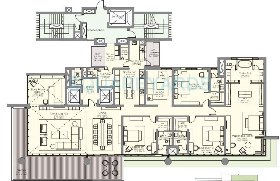 Floor plan of 4 BHK 6388 Sq. Ft. Apartment in Ireo Gurgaon Hills, Gurgaon