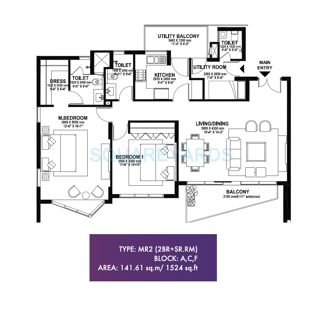Floor plan of 2 BHK 1524 Sq. Ft. Apartment in Ireo Skyon, Gurgaon