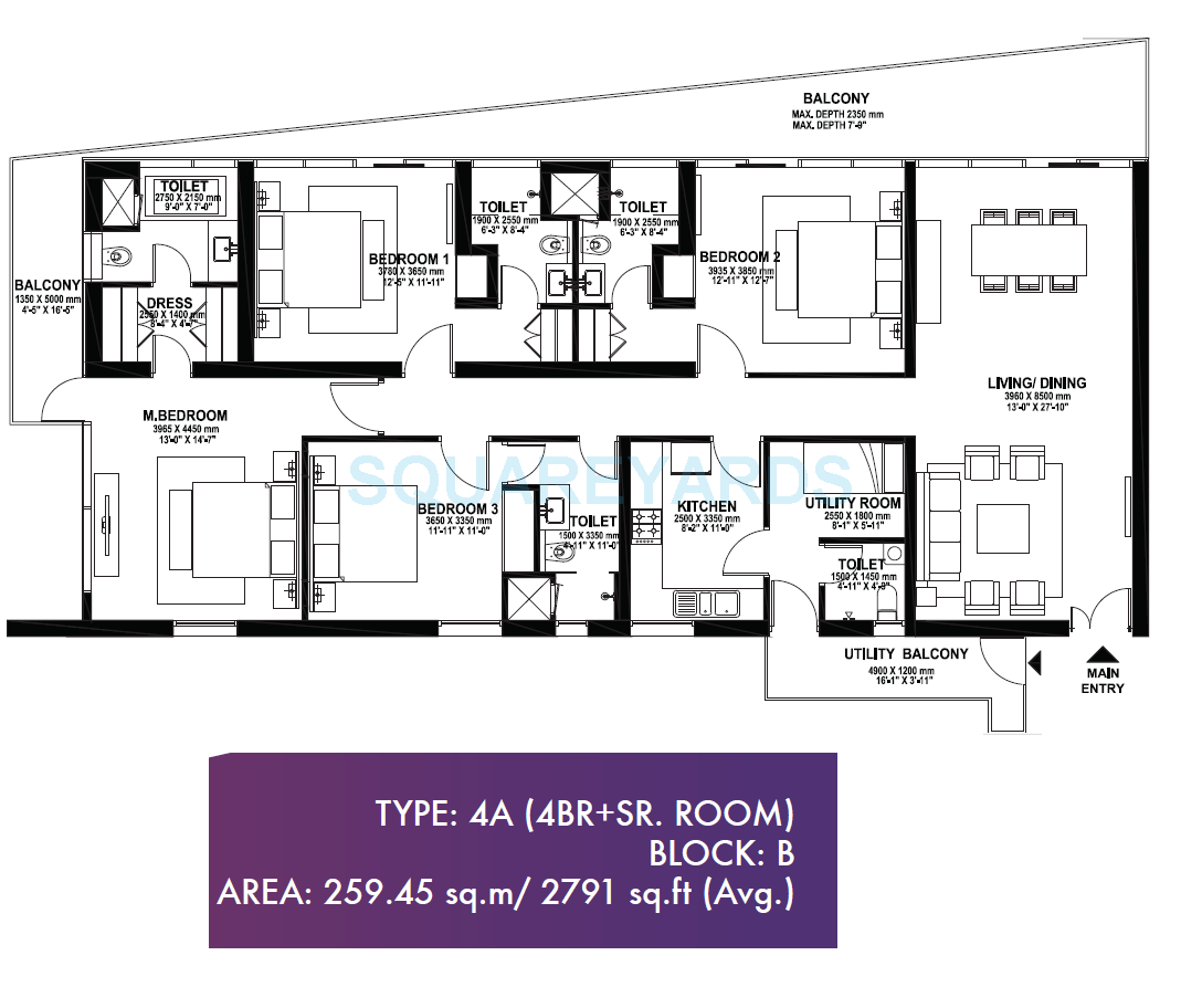 Floor plan of 4 BHK 2791 Sq. Ft. Apartment in Ireo Skyon, Gurgaon
