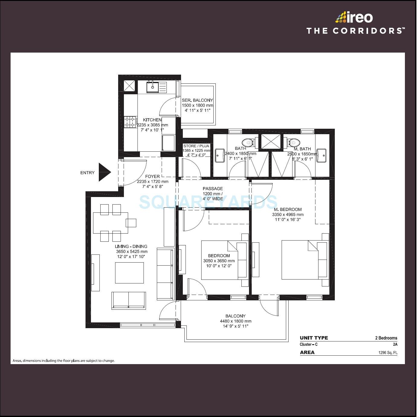 Floor plan of 2 BHK 1296 Sq. Ft. Apartment in Ireo The Corridors, Gurgaon