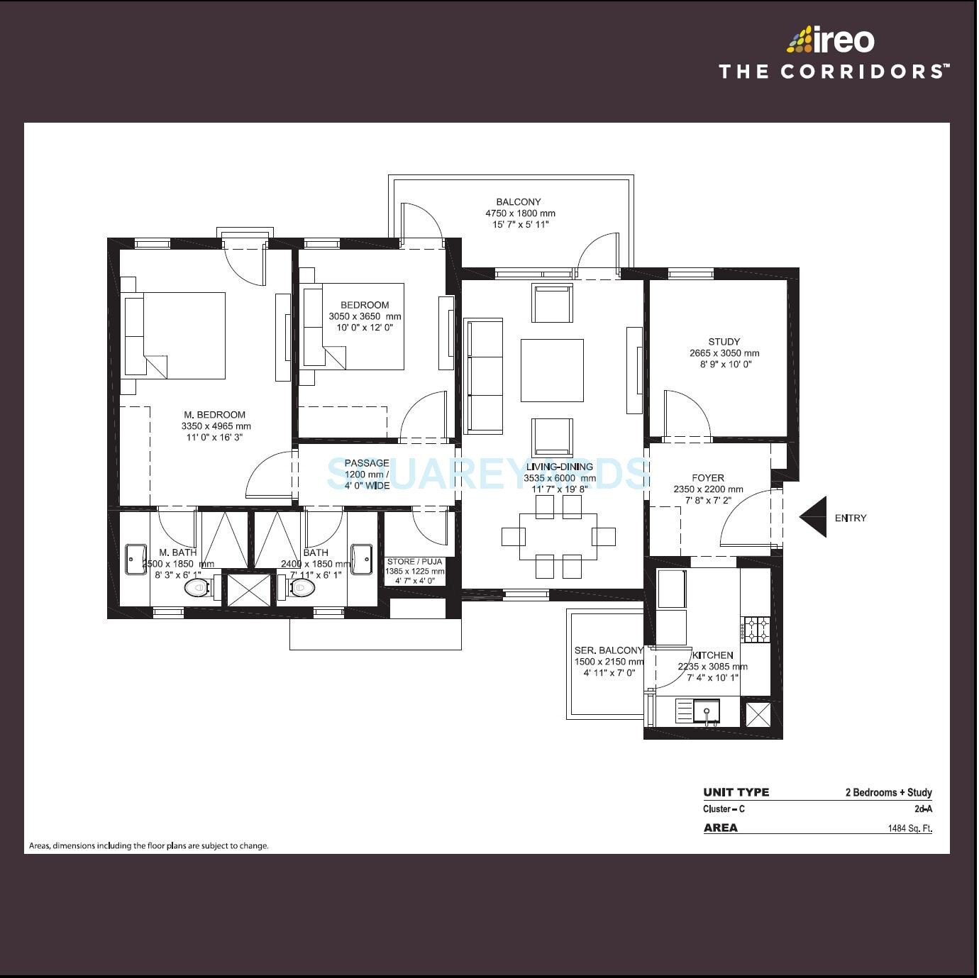 Floor plan of 2 BHK 1484 Sq. Ft. Apartment in Ireo The Corridors, Gurgaon