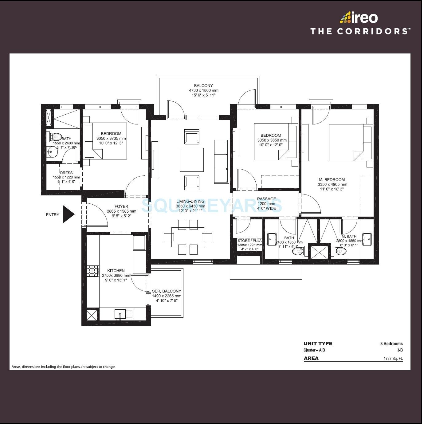 Floor plan of 3 BHK 1727 Sq. Ft. Apartment in Ireo The Corridors, Gurgaon