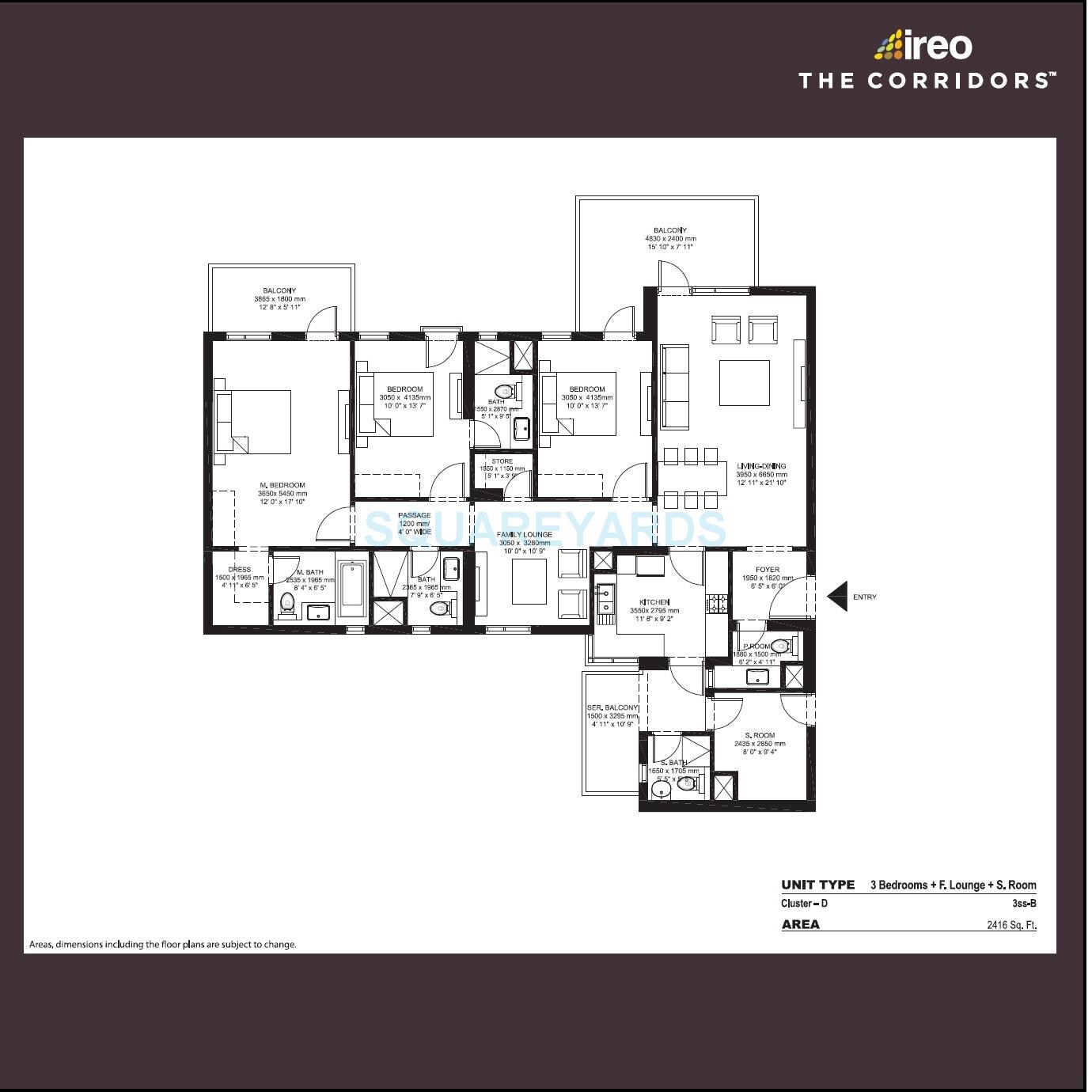 Floor plan of 3 BHK 2416 Sq. Ft. Apartment in Ireo The Corridors, Gurgaon