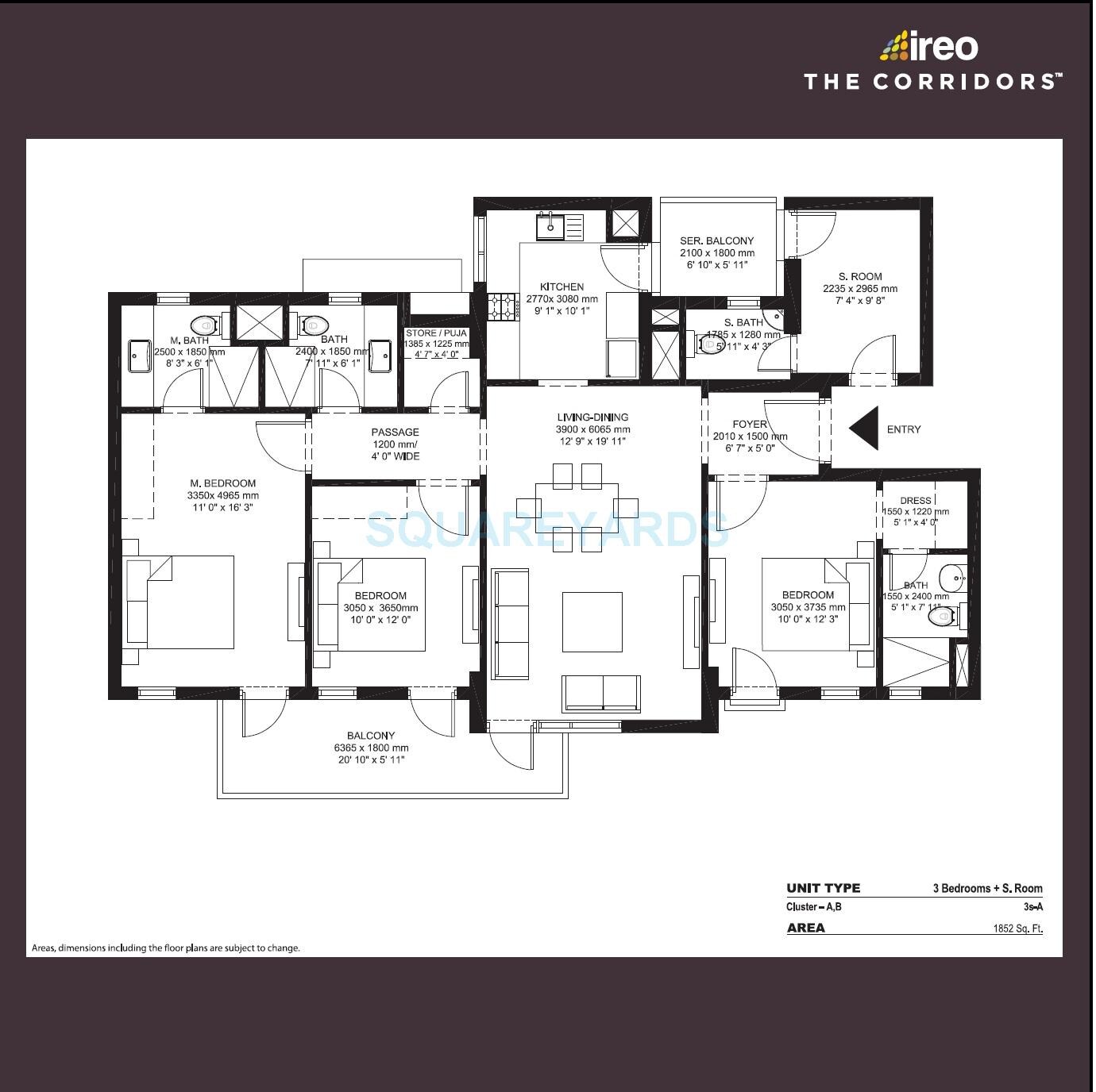 Floor plan of 3 BHK 1852 Sq. Ft. Apartment in Ireo The Corridors, Gurgaon